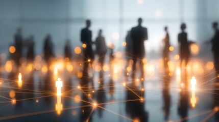 Obraz premium Abstract network connection concept with glowing human icons interconnected against blurred business people silhouettes in modern office environment