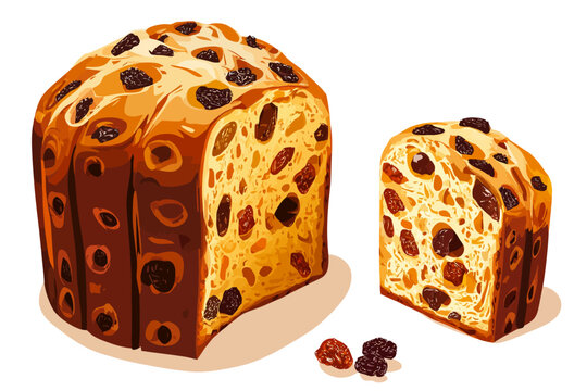 Illustration of a fruitcake loaf with candied fruits and a slice
