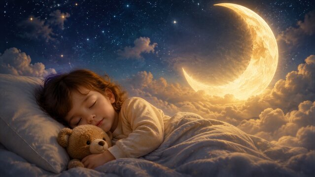 Child sleeping with teddy under crescent moon in bedroom