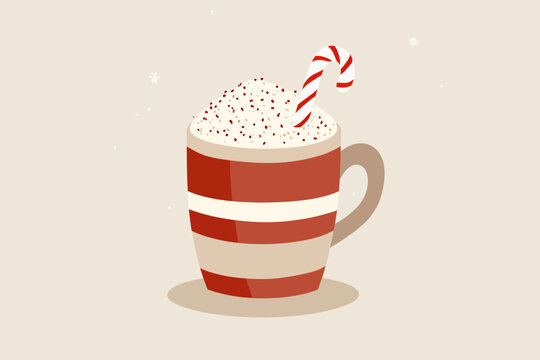 Warm holiday mug filled with whipped cream, topped with red sprinkles and a candy cane, on a neutral background with snowflakes