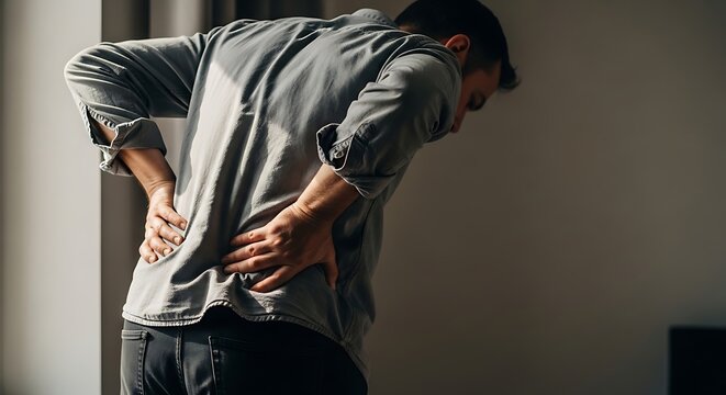 Man in a grey shirt suffering from intense lower back pain