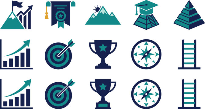 Career progression and success achievement icons featuring mountain peak trophy and target board symbols.