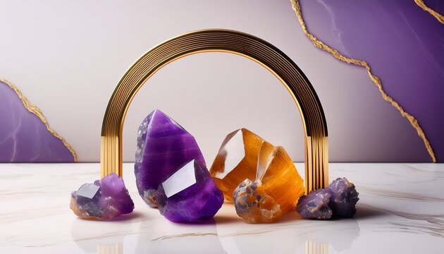raw amethyst and citrine geodes on marble surface with gold arch frame minimalist decor