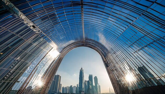 modern architectural archway with reflective surface and futuristic skyscraper silhouettes against a bright sky