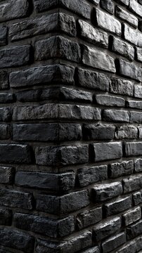 Dark textured stone brick wall corner creating a dramatic contrast with deep shadows and rugged surface detail in architectural design background