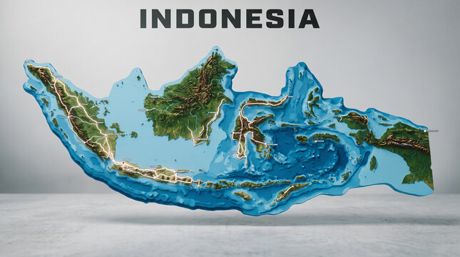 Detailed 3D Topographic Map of Indonesia Islands with Transportation Routes and Terrain Relief