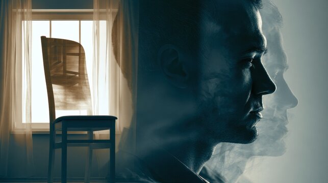A man&rsquo;s silhouette blends with light from a window and an empty chair, representing thoughts on loneliness in an indoor space.