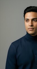 Obraz premium Young South Asian male wearing navy turtleneck against neutral gray background. Professional headshot suitable for corporate profiles, business websites, and professional networking platforms.