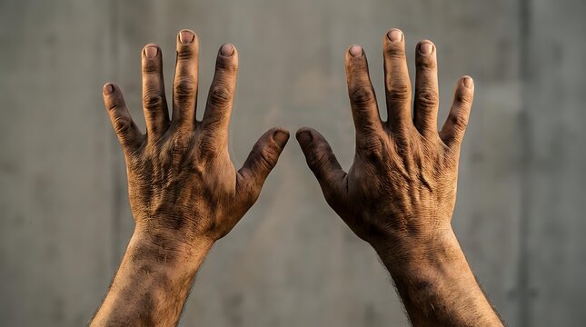Hands of middle-aged man with dark skin tone showing palms up in gesture of surrender, acceptance, or openness against neutral gray background. Suitable for concepts of giving up, trust, honesty.