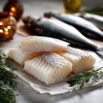 Fresh raw cod fish fillets with silver skin laid on parchment paper surrounded by dill herbs and whole fish on marble surface in soft natural light
