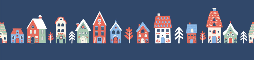 Scandinavian winter village seamless border with cozy Nordic houses and trees for holiday stationery, gift wrap and seasonal decor, Vector Illustration, folk style on dark blue. © svsunny