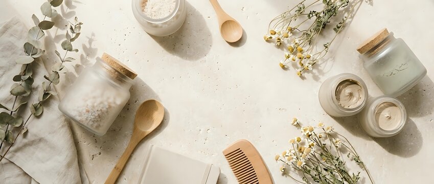 Spa and wellness products arranged flat lay with natural ingredients, wooden accessories, dried herbs, and skincare jars on neutral background for beauty and relaxation themes.