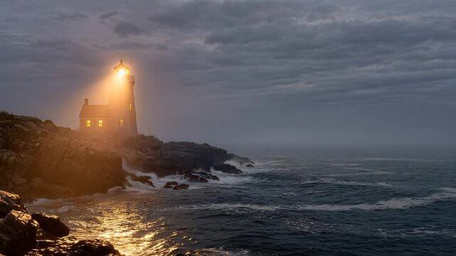 Dramatic cinematic footage of a glowing lighthouse on a rocky coastal cliff casting a bright beam of light over the dark ocean waves at dusk