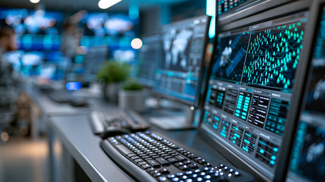 Futuristic military command center with large tactical display wall showing troop positions and satellite imagery during simulated operational planning exercise, defense