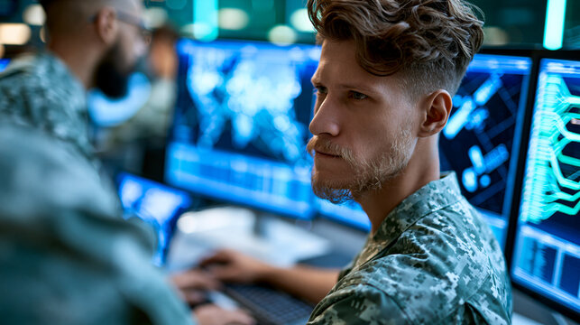 Futuristic military command center with large tactical display wall showing troop positions and satellite imagery during simulated operational planning exercise, defense