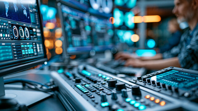 Interior view of high-tech control room bathed in blue and orange lighting showcasing screens and consoles in dramatic presentation, atmospheric operations concept, technology