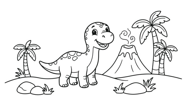Cute cartoon dinosaur coloring page for kids prehistoric landscape with volcano and palm trees vector illustration