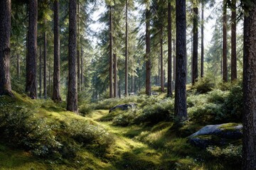 Fototapeta premium Sunlight filtering through tall evergreen trees over a mossy forest floor with scattered rocks and lush green undergrowth in a peaceful woodland scene