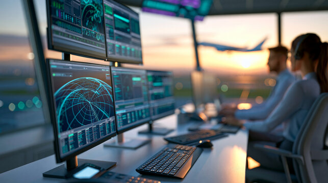 Air traffic control room with array of monitors displaying radar communication systems and flight data with panoramic view of sunset over airport, aviation operations concept,