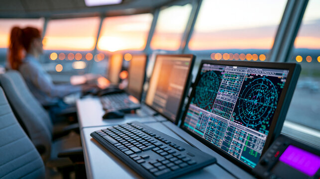 Air traffic control room with array of monitors displaying radar communication systems and flight data with panoramic view of sunset over airport, aviation operations concept,