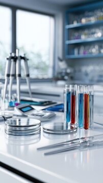 Laboratory setup with test tubes containing colorful liquids, petri dishes, and scientific instruments on a clean white research bench