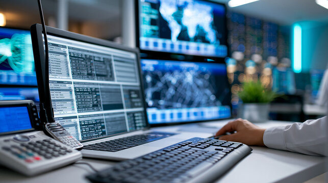 Futuristic emergency dispatch coordination center with multiple radio channels and city-wide incident map displayed on large screen wall during simulated multi-agency response,