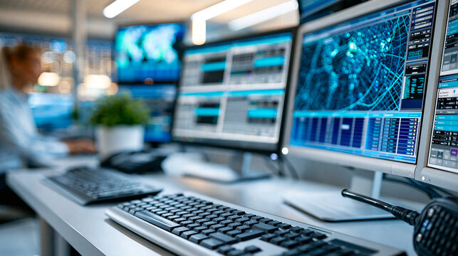 Futuristic emergency dispatch coordination center with multiple radio channels and city-wide incident map displayed on large screen wall during simulated multi-agency response,