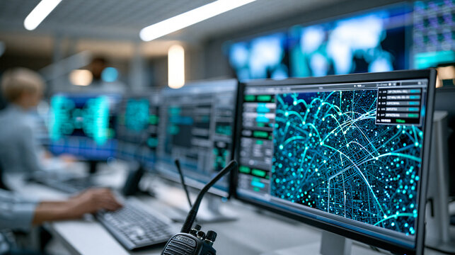 Futuristic emergency dispatch coordination center with multiple radio channels and city-wide incident map displayed on large screen wall during simulated multi-agency response,