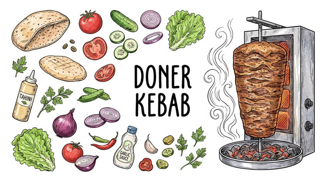 Whimsical Doodles of Doner Kebab Ingredients and Turkish Grill Cooking Illustration Featuring Meat Skewer Pita Bread Vegetable and Spices Sketch Artwork