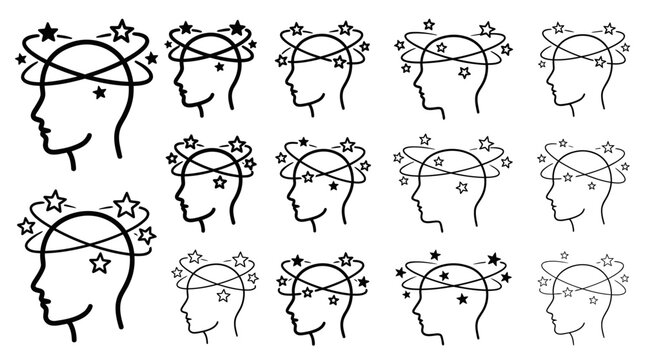 Minimalist Vector Line Icon Set of Human Head Silhouettes with Spinning Stars Representing Dizziness, Vertigo, Concussion, Confusion, or Being Stunned, Medical Health Symptom Symbol Illustration