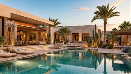 Fototapeta premium Modern desert villa with pool and palm landscaping at dusk