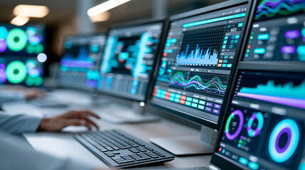 Fototapeta premium Control room monitors displaying data with numerous monitors visible showing information at technology facility for technology or business presentations, data visualization
