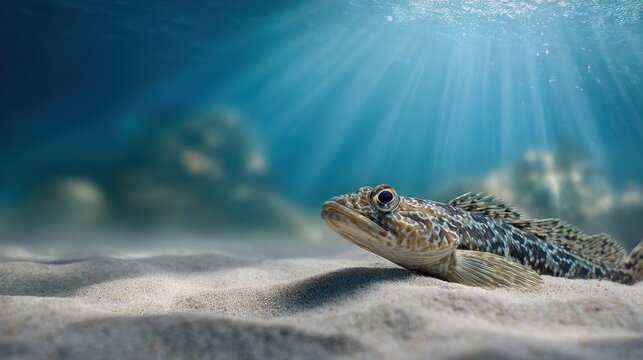 A detailed view of a camouflaged fish resting on ocean sand with sunlight penetrating clear blue water creating a peaceful underwater scene