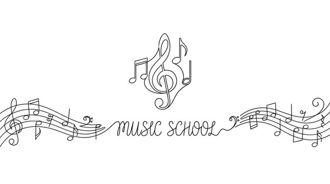 Elegant continuous single line drawing of melodic musical notes creating a minimalist rhythmic staff composition for audio brand identity logo and creative music festival banner design.