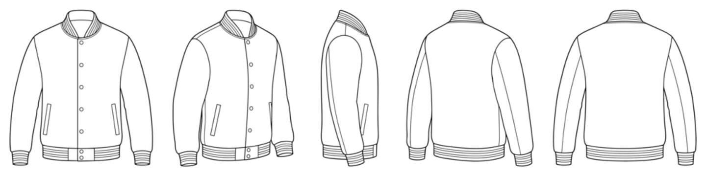 Varsity Baseball Jacket, Letterman Style, Mens, Women, Unisex Fashion Illustration on Transparent Background, Vector CAD, Technical Drawing, Flat drawing