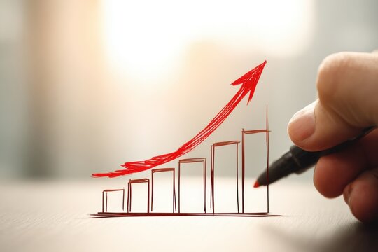 Hand drawing a rising growth chart with a red arrow symbolizing business success and continuous progress on a light blurred background