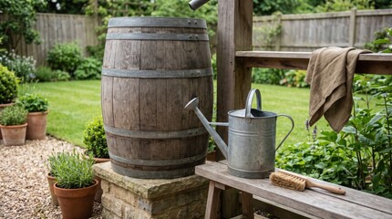 Naklejka premium Rustic wooden rain barrel and a galvanized watering can in a green garden