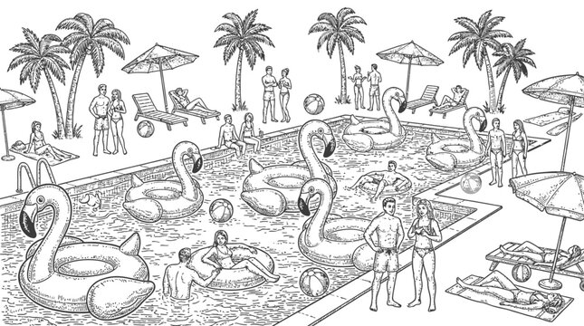 Vintage engraved style illustration of a lively summer pool party featuring people swimming and relaxing in monochrome line art vector graphics for retro seasonal vacation celebration.