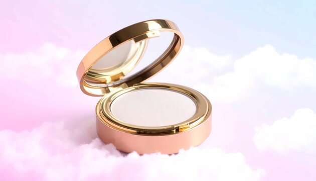Open gold makeup compact with white powder on pastel clouds