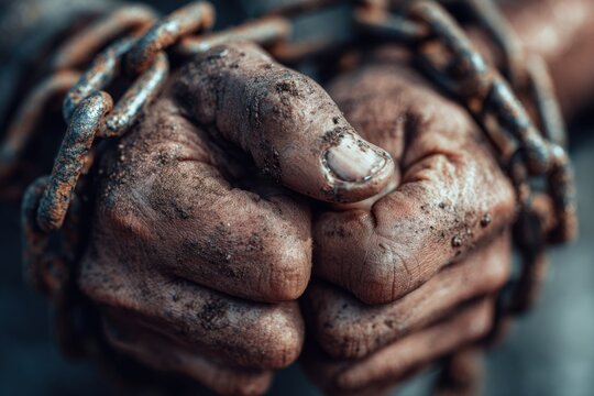 Powerful image of dirty hands tightly clenched and bound with rusted chains, symbolizing struggle, captivity, and resilience against adversity and hardship