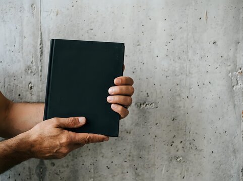 Male hands with medium skin tone holding a blank black book against a textured concrete wall background, suitable for publishing, education, and business concepts.