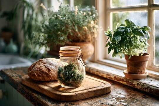 Herbs Jar Kitchen Windowsill Background, Rustic Farmhouse Bread Board Copy Space, Cottage Living Concept