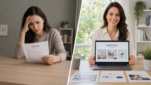 Sparse resume and polished portfolio at home desk