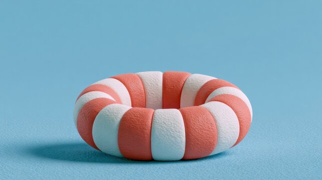 This 3d render showcases a chunky lifebuoy ring made from soft clay. The design features coral and white stripes on a blue backdrop.
