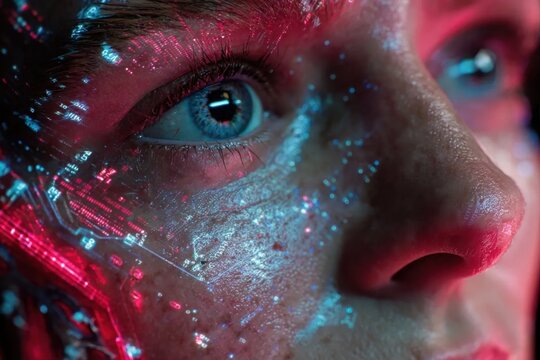 A detailed view of a human face illuminated by vibrant neon blue and pink holographic projections highlighting skin texture and eye reflection