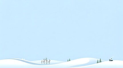 Fototapeta premium Minimalist winter landscape with rolling snow hills, evergreen trees, and distant figures, suitable for seasonal backgrounds and holiday designs.