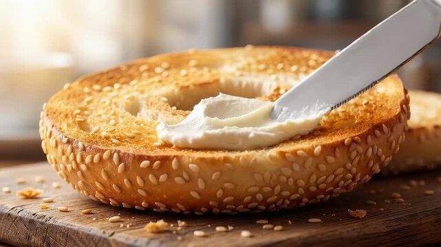Close up slow motion video of spreading smooth white cream cheese onto a warm toasted sesame seed bagel with a knife on a wooden board