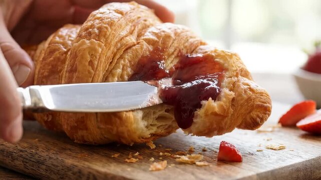 Slow motion footage of spreading sweet red strawberry jam on a freshly baked flaky croissant with a metal knife on a breakfast board