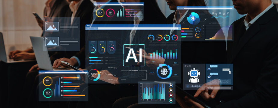 AI business intelligence interface featuring real-time AI data visualization, predictive AI model graphs, and automated report tools driven by AI artificial intelligence for business solution. Corpus