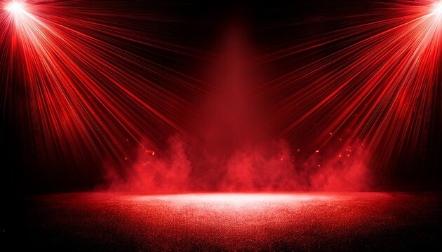 free stage with lights and smoke empty stage with red spotlights conser show party presentation concept red spotlight strike on black background